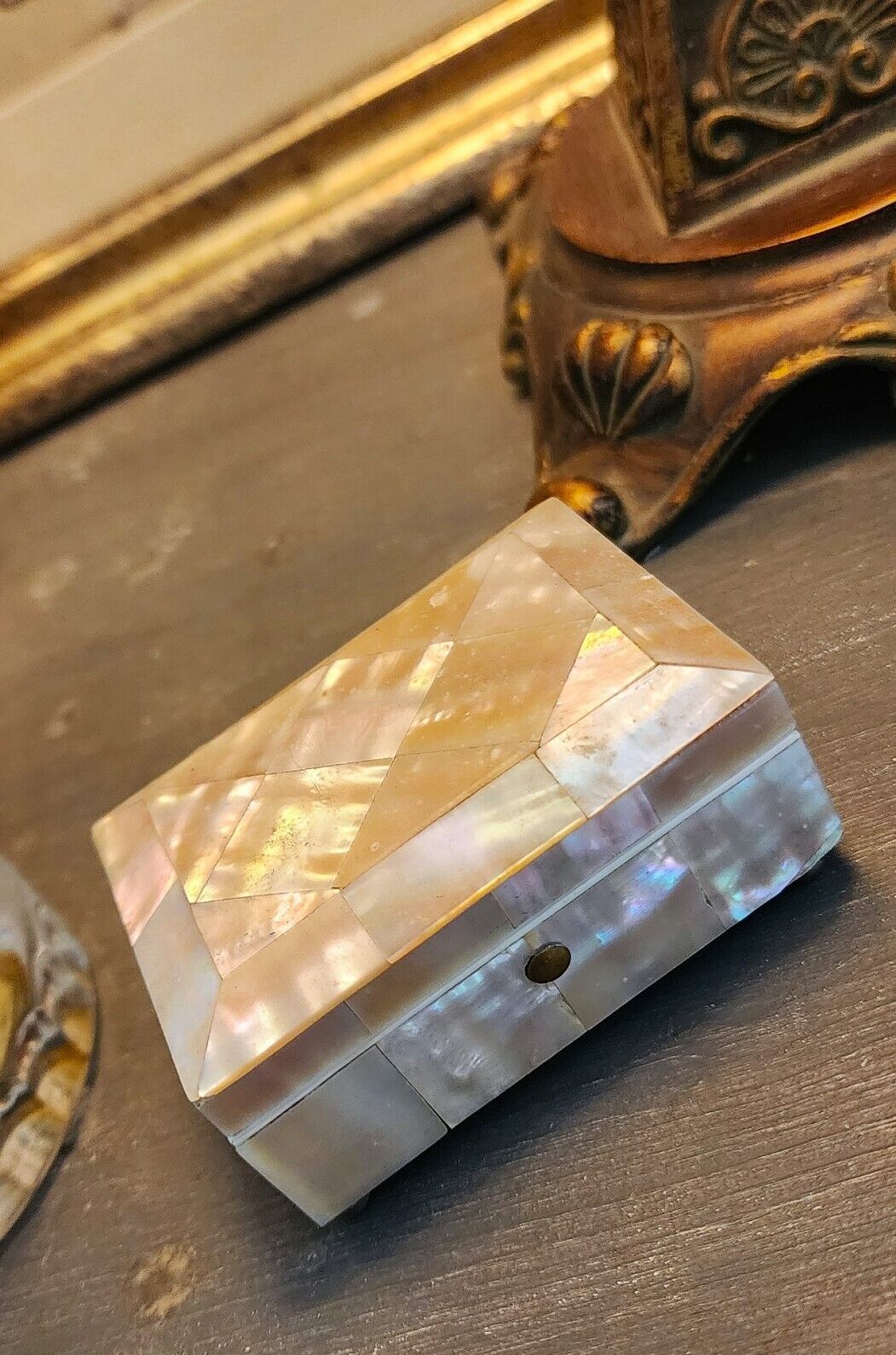 Antique English Mother of Pearl Footed Box - Silk interior