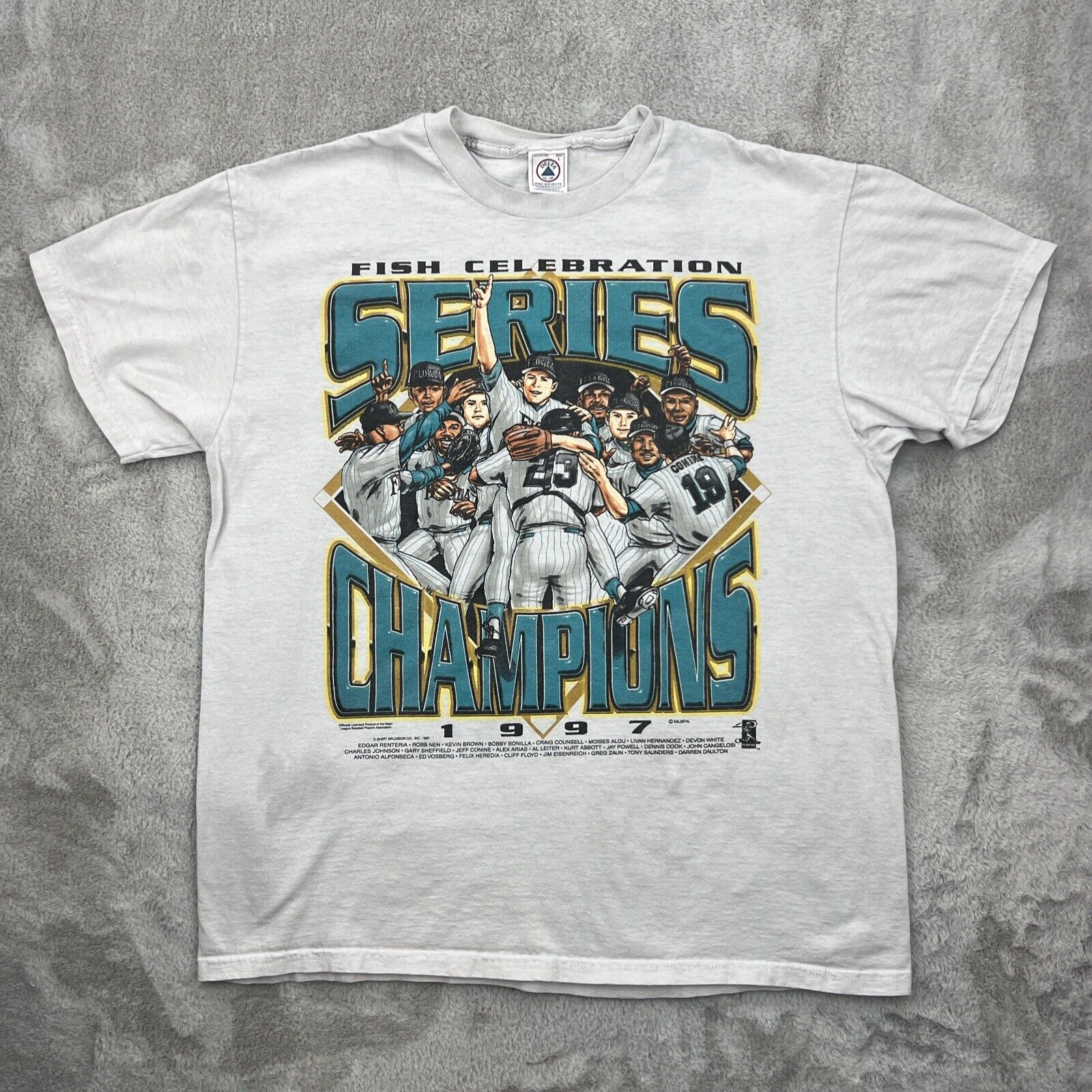 Vtg Florida Marlins Shirt Mens Large Gray Caricature World Series Champions 90s