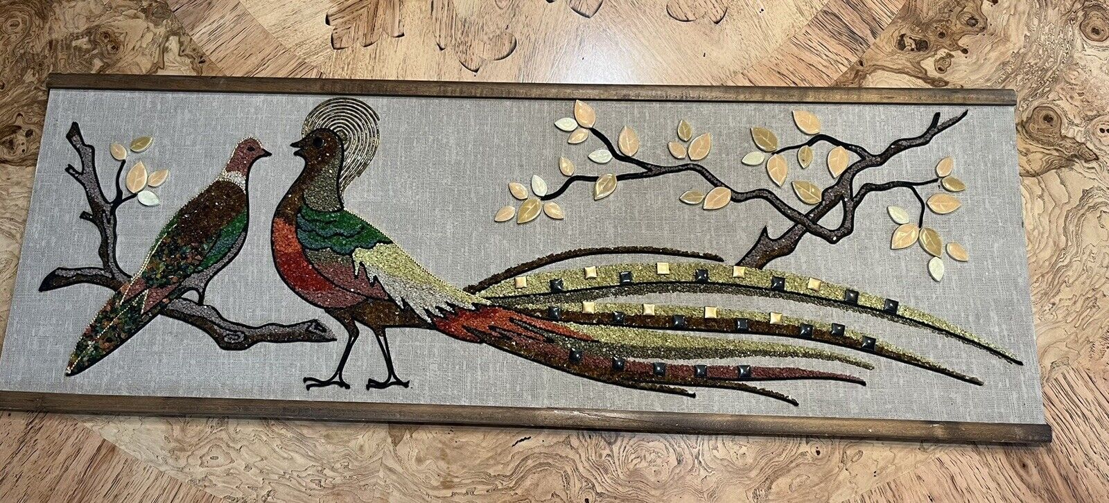 Vintage Mid Century Pebble Gravel Art Pheasant Bird Mosaic Wall Hanging 