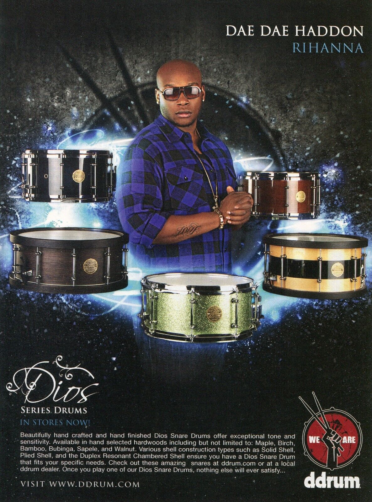 2009 Print Ad of ddrum Dios Series Snare Drums w Dae Dae Haddon of Rihanna