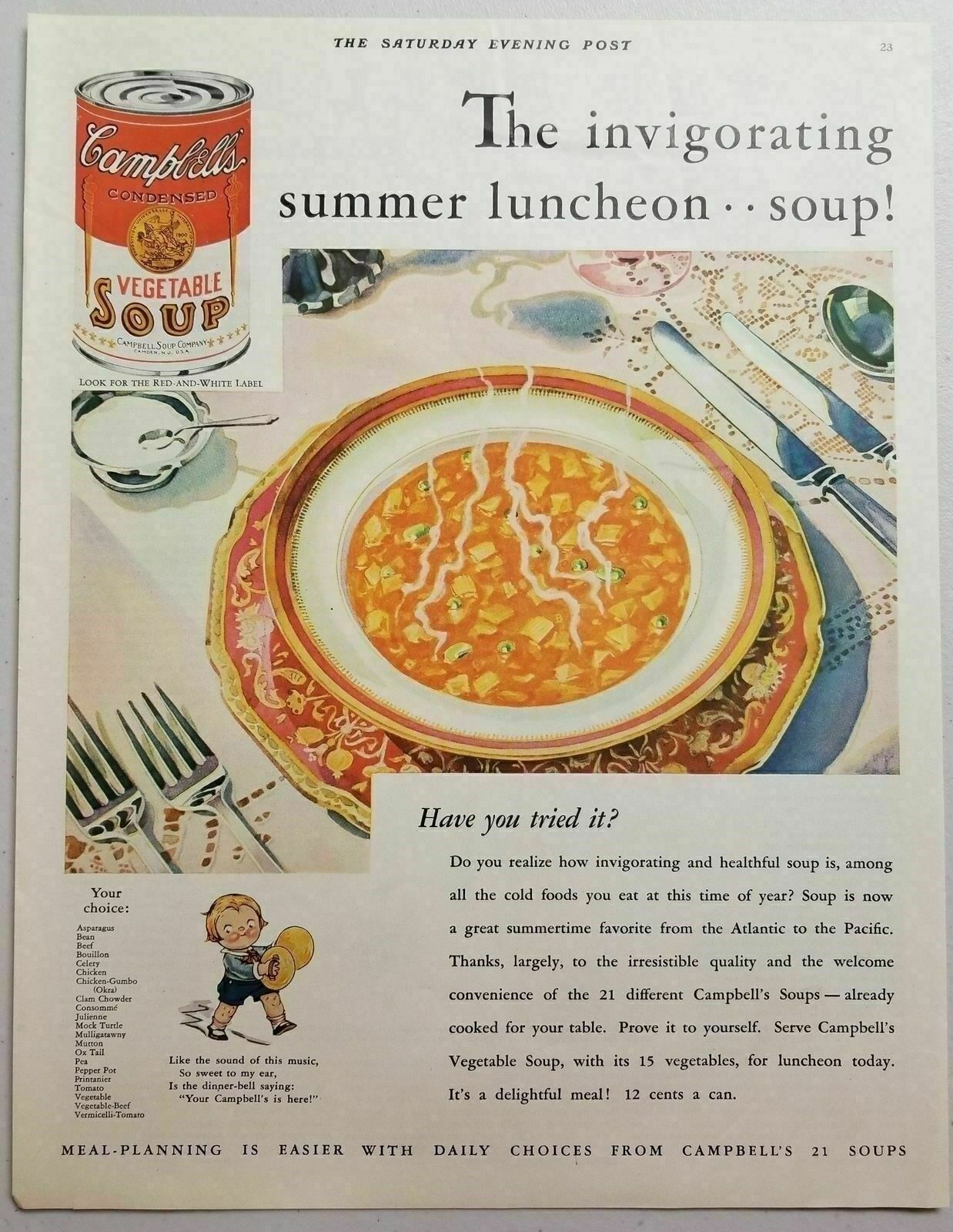 1930 Print Ad Campbell\'s Vegetable Soup Summer Luncheon 21 Varieties