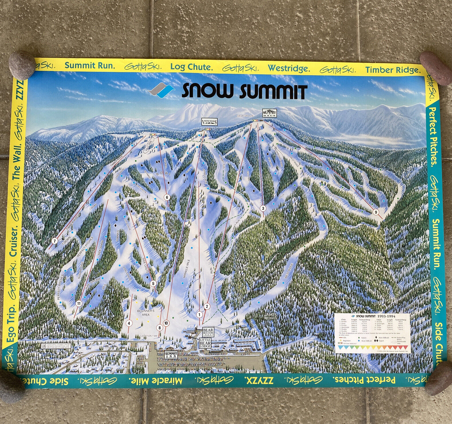 SNOW SUMMIT Resort Big Bear Vintage 1993-94 Mountain Trail Poster Snowboard Ski