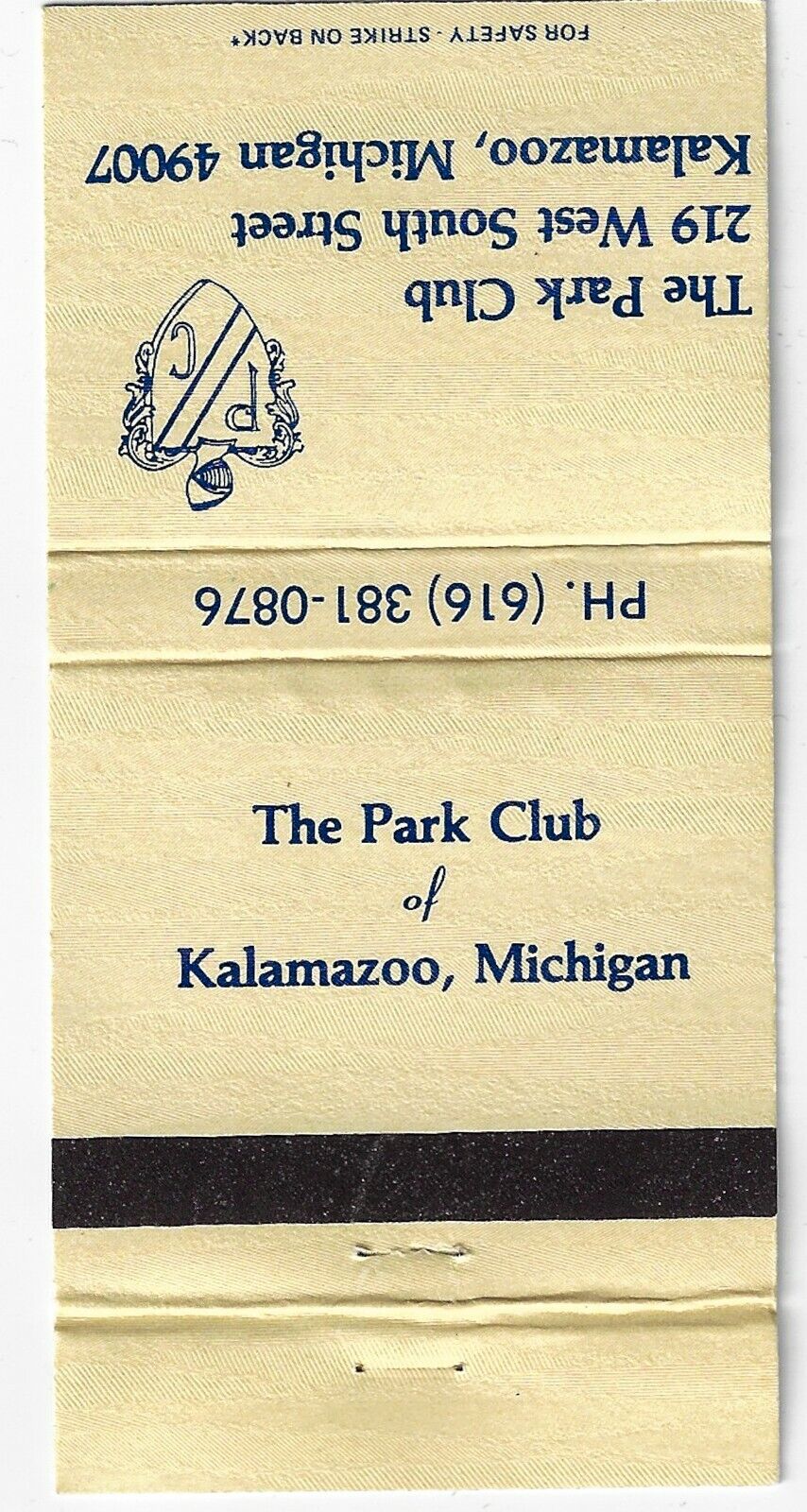 Empty Matchbook Cover The Park Club Kalamazoo Michigan