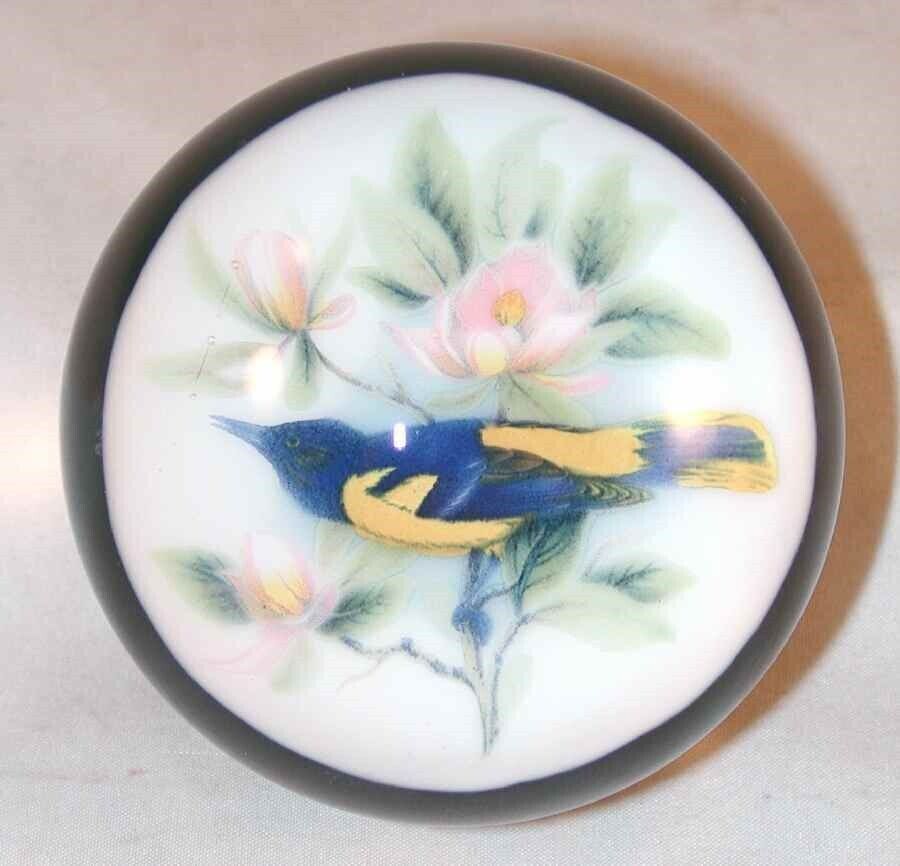 1970s Henry Davis Blown Art Glass Paperweight Blue & Yellow Bird on Pink Flowers