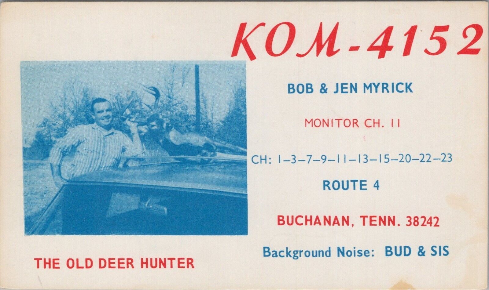 CB radio QSL postcard hunter photo Bob Jen Bud Myrick 1960s Buchanan Tennessee