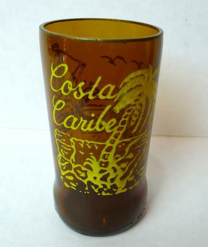 Costa Caribe Drinking Glass Hand Decorated Brown Beer Bottle Repurposed