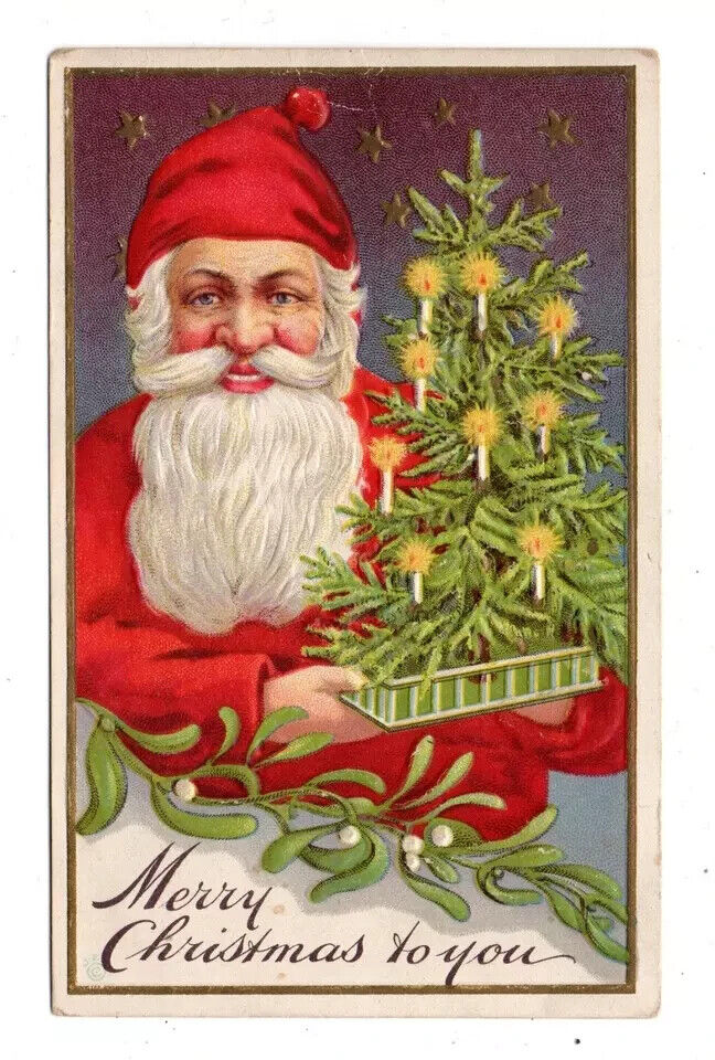 Red Robe~Santa Claus with Xmas Tree~Holly~Antique~ Christmas Postcard~h676