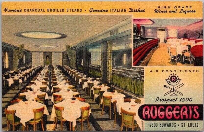 ST. LOUIS, Missouri Postcard RUGGERI'S RESTAURANT Bar View / Linen c1940s Unused