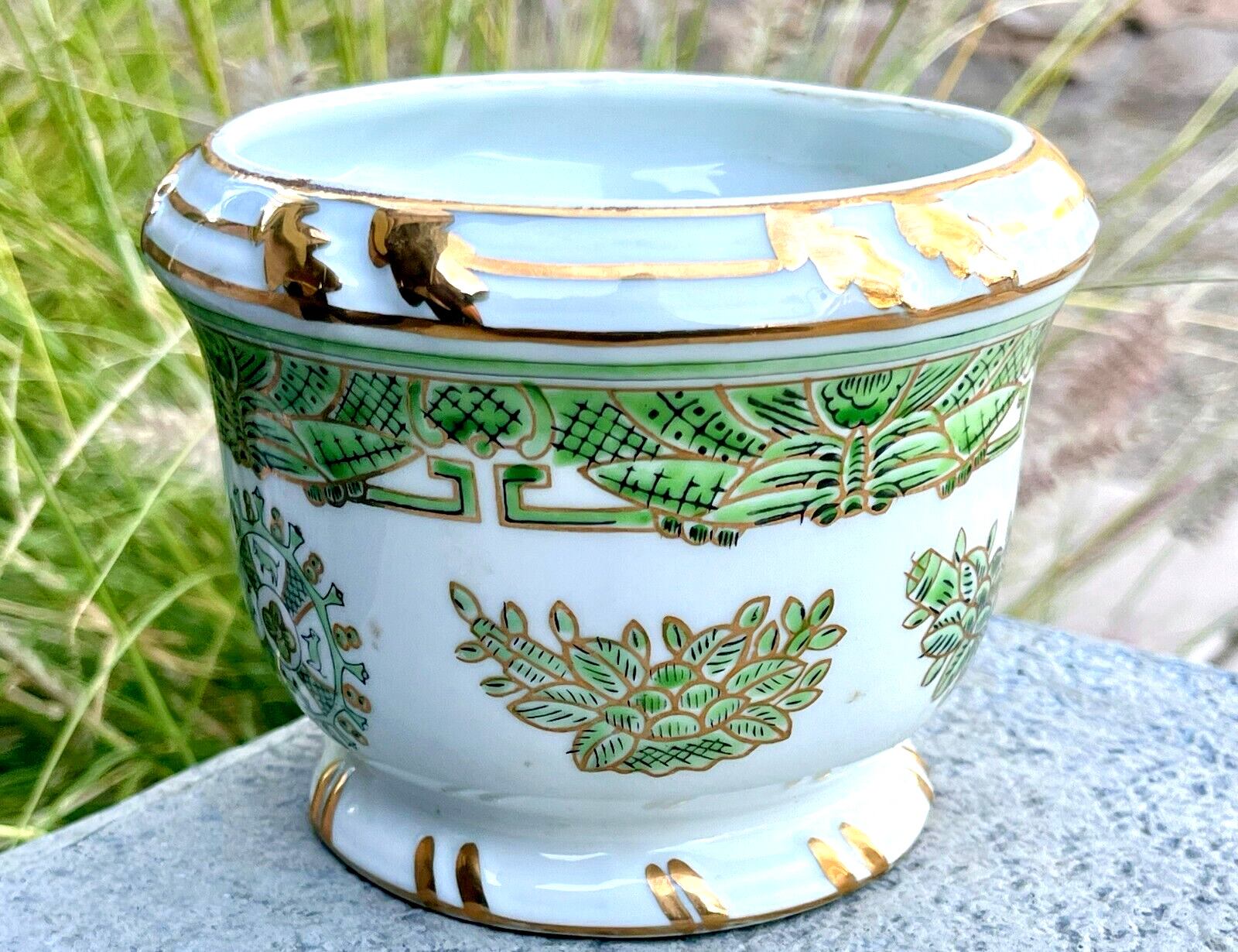 Antique Jardiniere Porcelain Cache Pot Planter Vase Green Gilded Moriage Floral