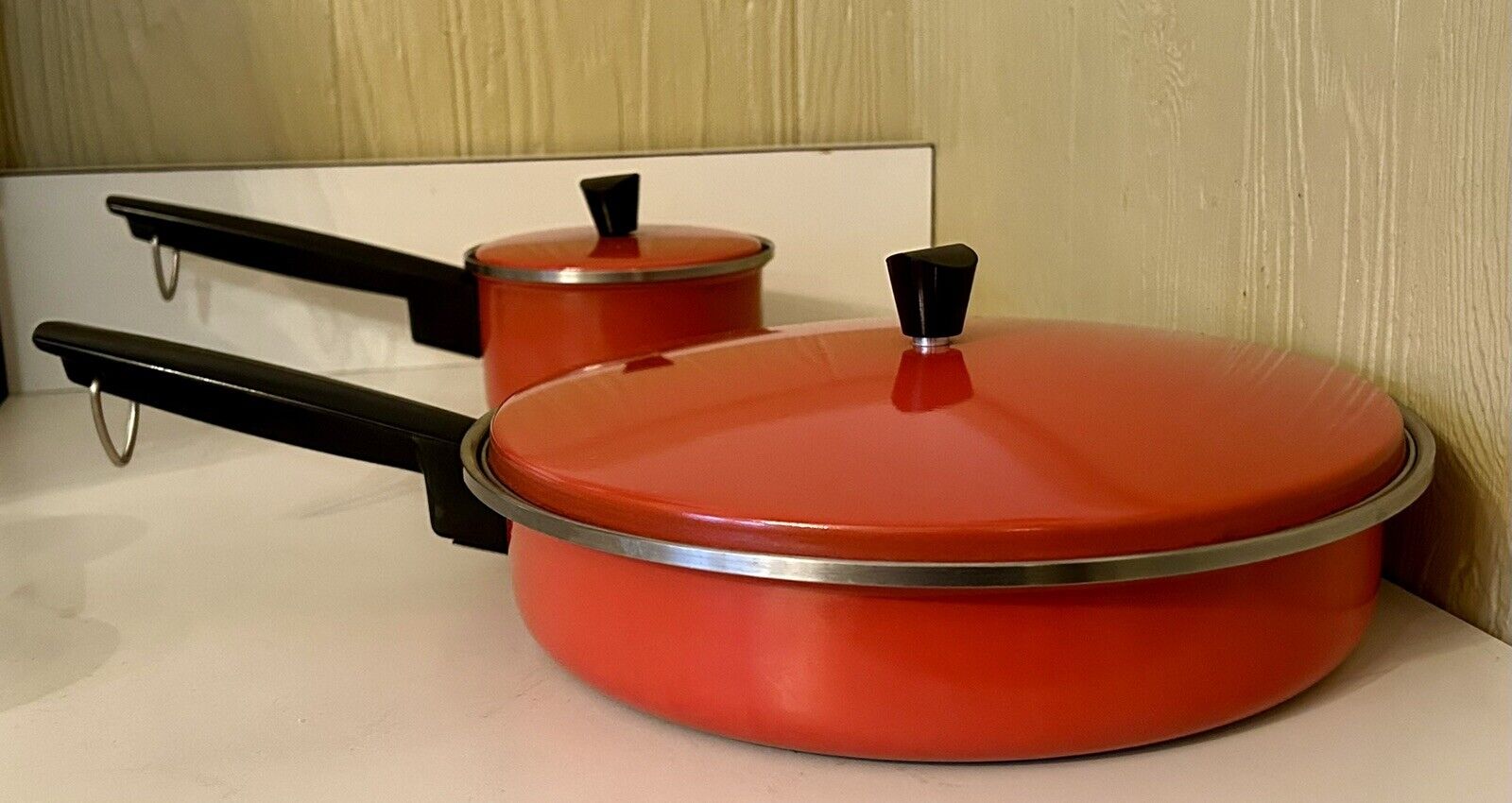 VINTAGE RETRO SEARS HEAT CORE Stainless Steel Red Orange Cookware 4 Piece Set