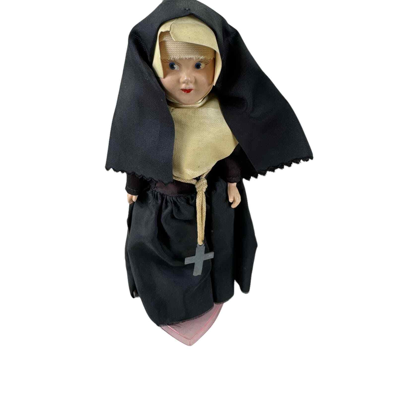 Vintage Knickerbocker Nun Doll Habit Crucifix Plastic Stand Made In USA