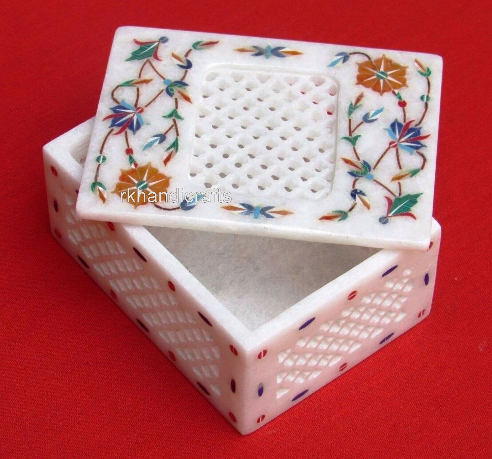 4 x 3 Inches Floral Pattern Inlay Work Ear Studs Box for Wife Marble Flower Box
