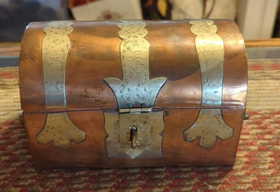 Antique Copper Silver Banded Domed Strongbox Treasure Chest Dowry Keepsake Box