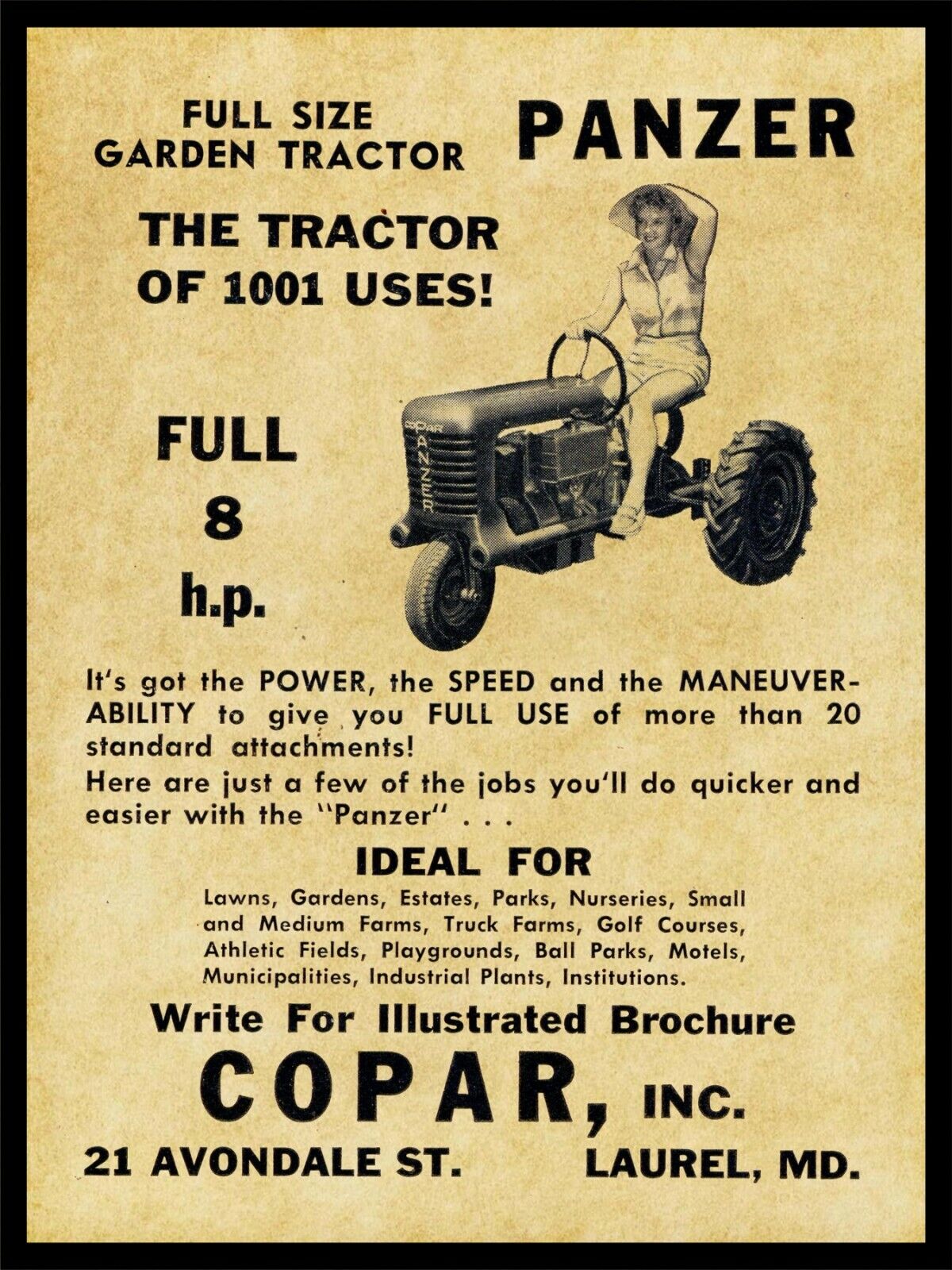 1956 Panzer Garden Tractors NEW Metal Sign: COPAR Inc. - Laurel, Maryland