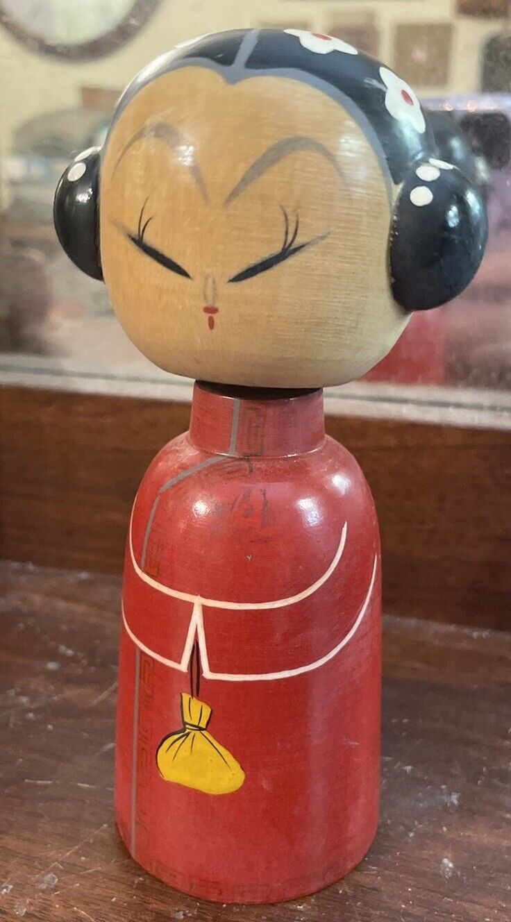 Japanese Wooden Doll Bobble Nodding Head Japan 1960-70s Vintage Wood 6”Tall Buns