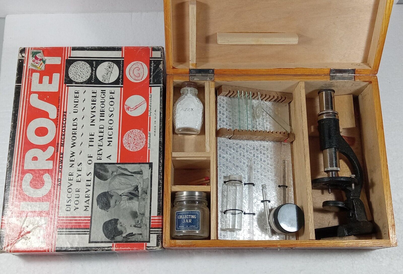 Two 1950s Microscopes Microset In Original Box & Other In Original Wooden Box 