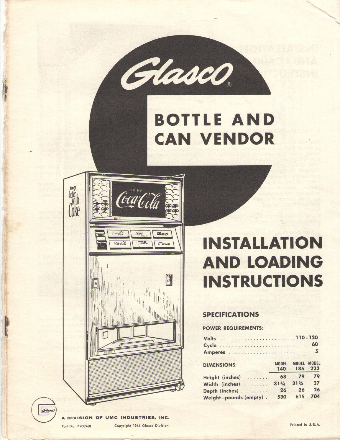 VTG 1966 COCA COLA/COKE GLASCO BOTTLE & CAN VENDOR/VENDING MACHINE INSTRUCTIONS