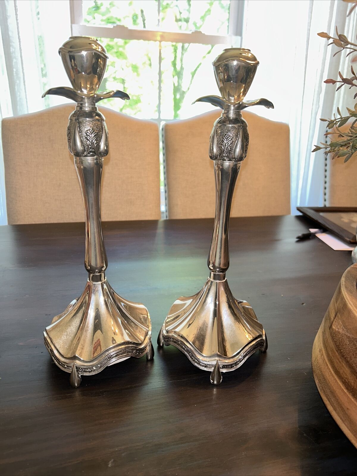 Vintage Unique Floral Artsy candlesticks, silver plated, footed Vases 14 In