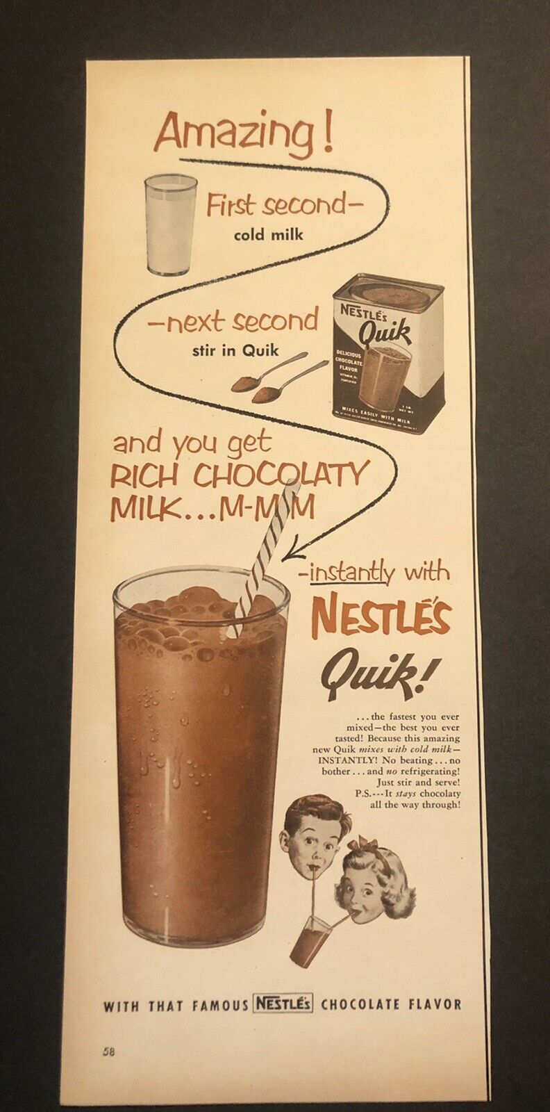 1950’s Nestle’s Quick Chocolate Colored Magazine Ad