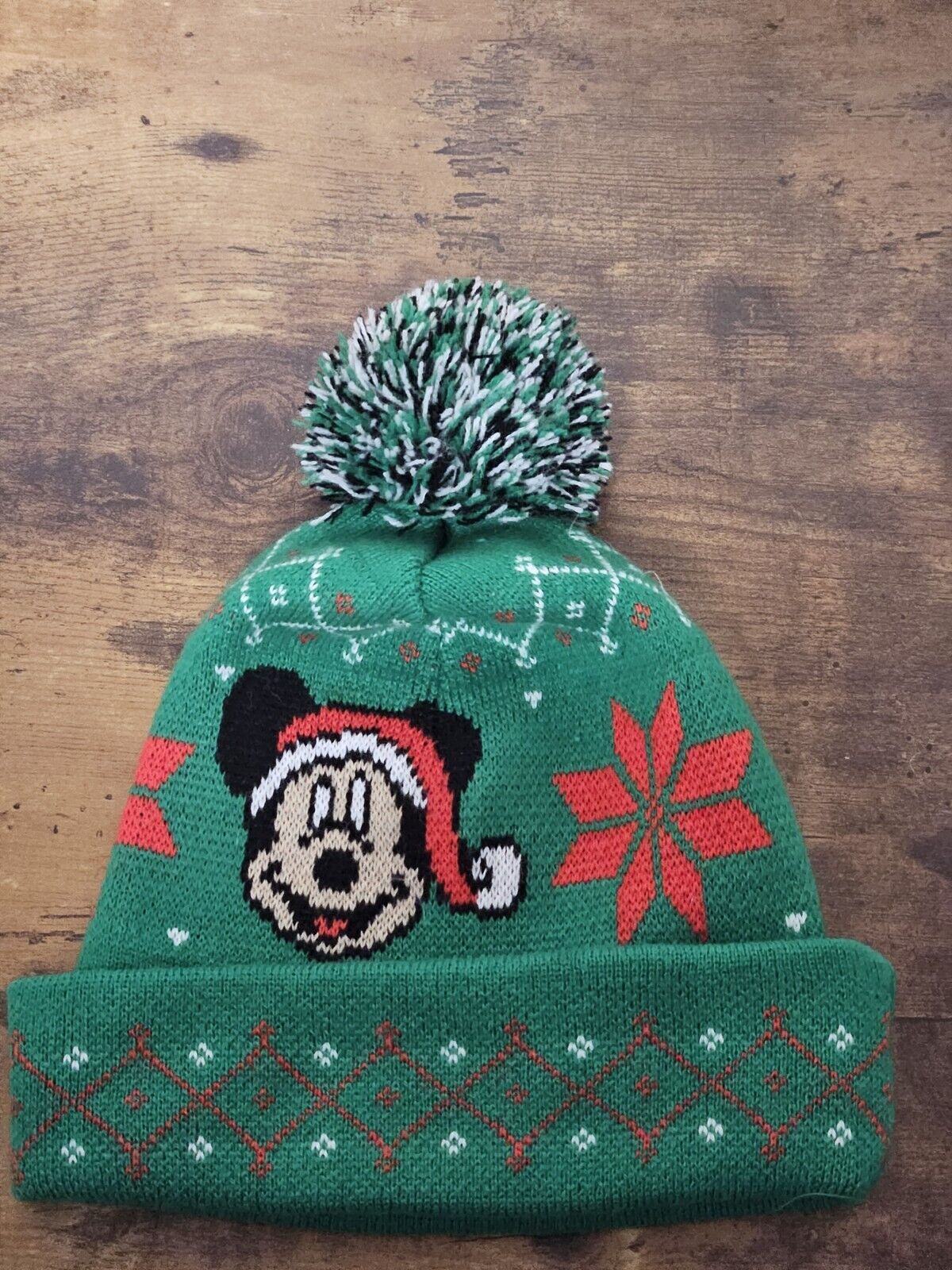 DISNEY Mickey Mouse Red and Green Christmas Winter Beanie Hat One size EUC