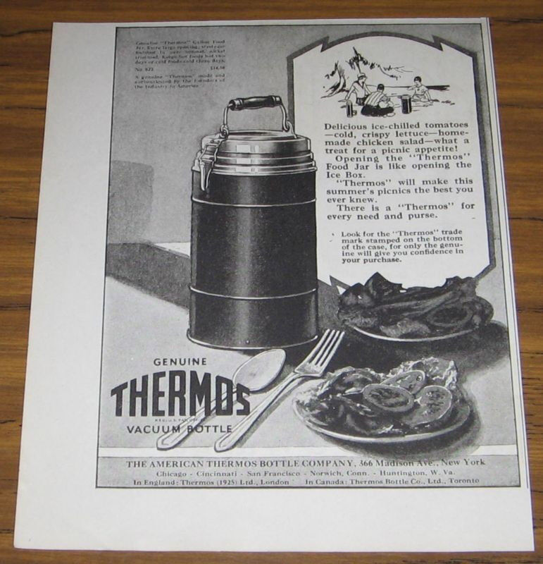 1927 VINTAGE AD~THERMOS VACUUM BOTTLES~AMERICAN THERMOS CO