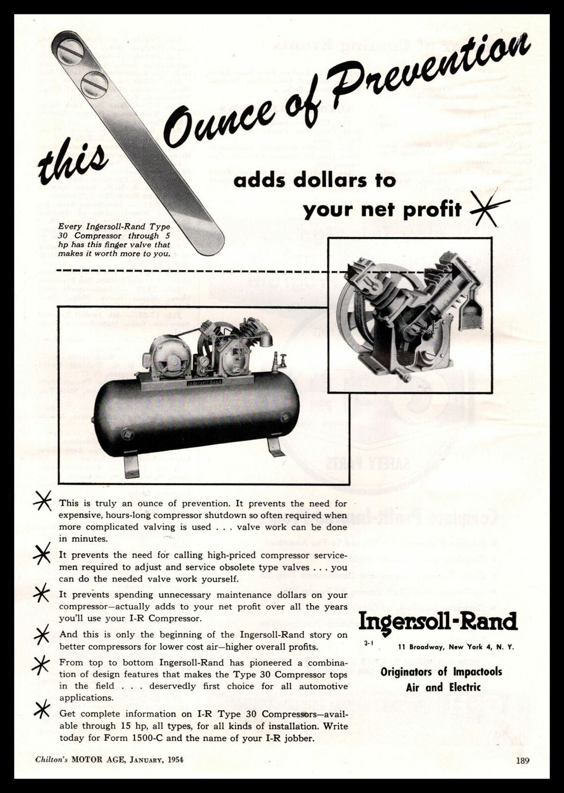 1954 Ingersoll Rand New York Type 30 Electric Air Compressor Vintage Print Ad