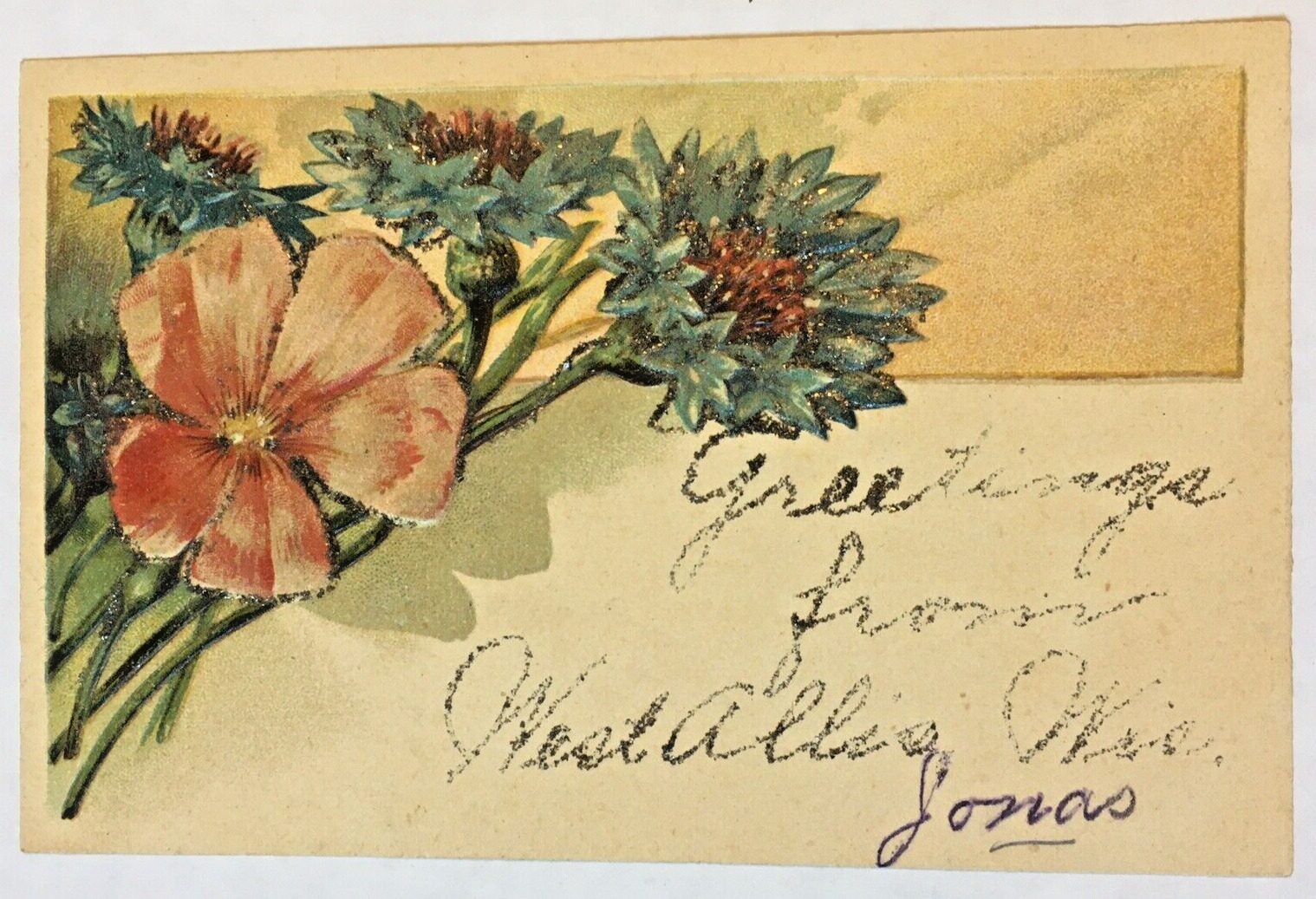 Postcard Greetings From West Allis Wisconsin Flowers Embossed Glitter Antique