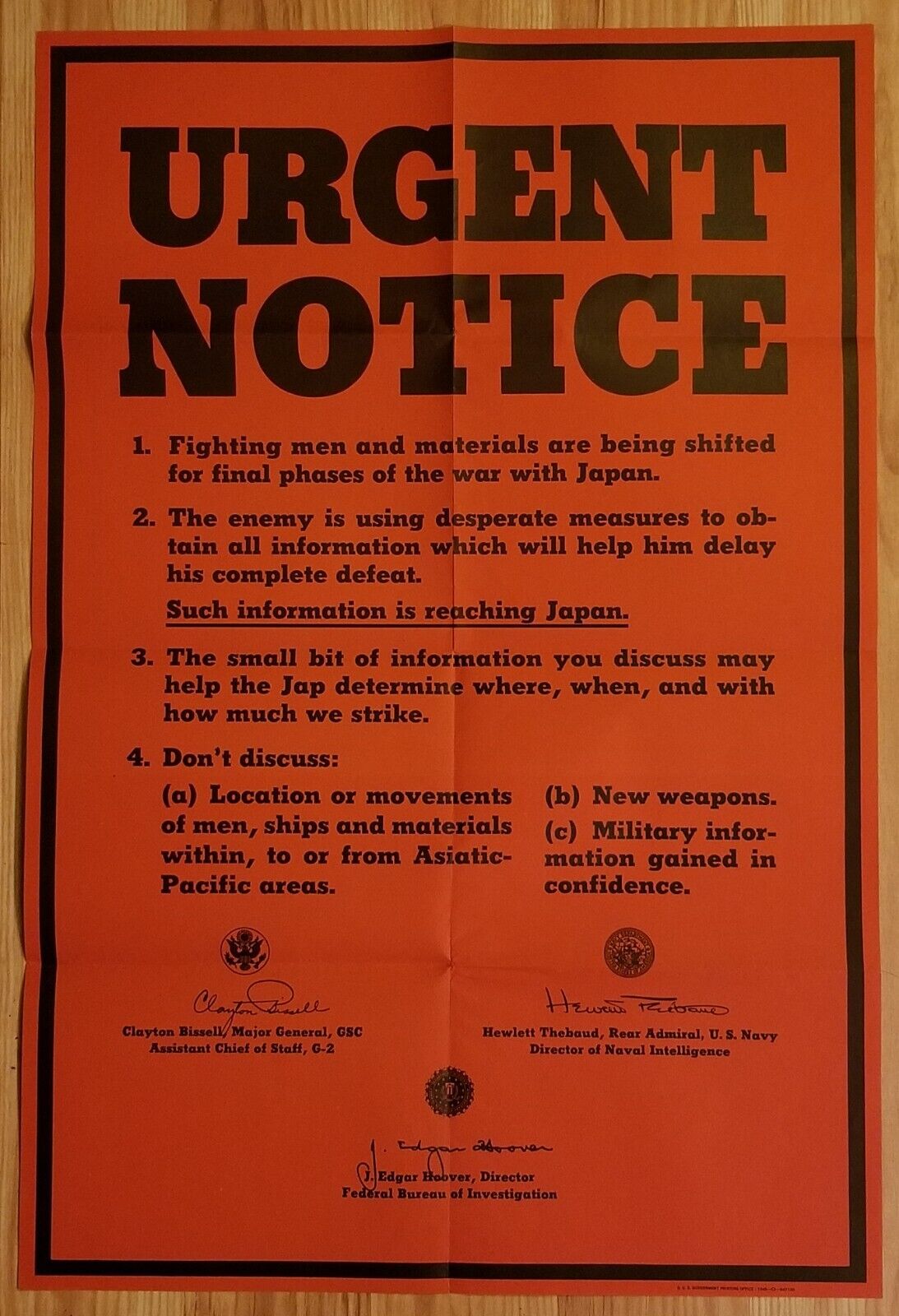 Original 1945 “FBI Urgent Notice” WWII Poster