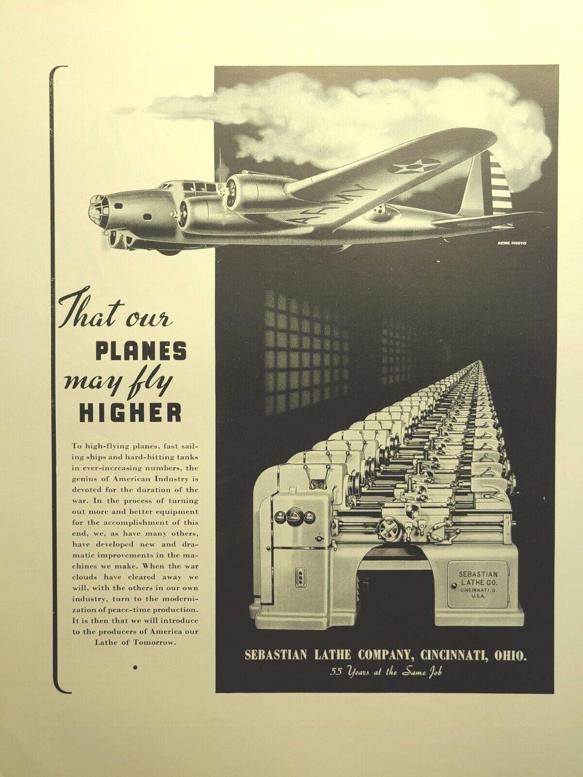 Sebastian Lathe Company Cincinnati OH Planes Fly Higher Vintage Print Ad 1942