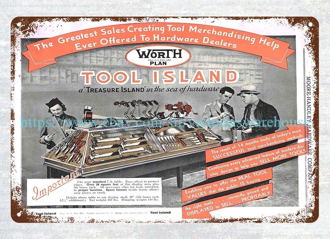 wall size posters 1943 Worth Tool Island Hardware Axe Hammer metal tin sign