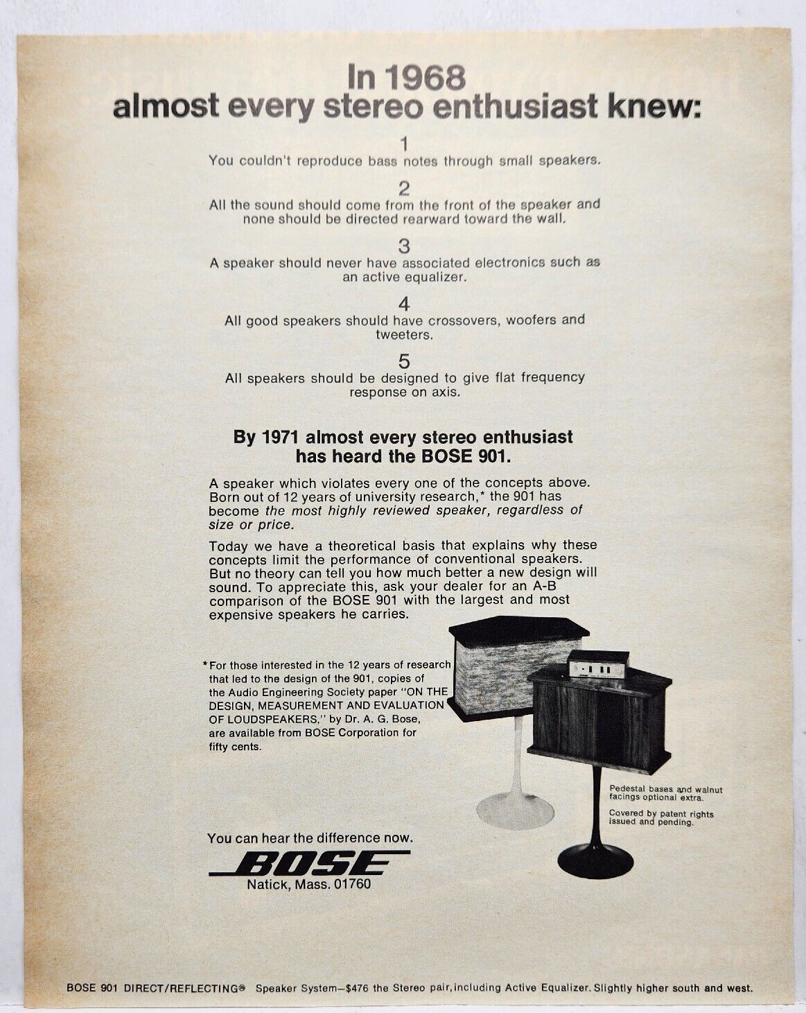 1971 BOSE 501 Speaker System Vintage Poster Print Ad Natick MA