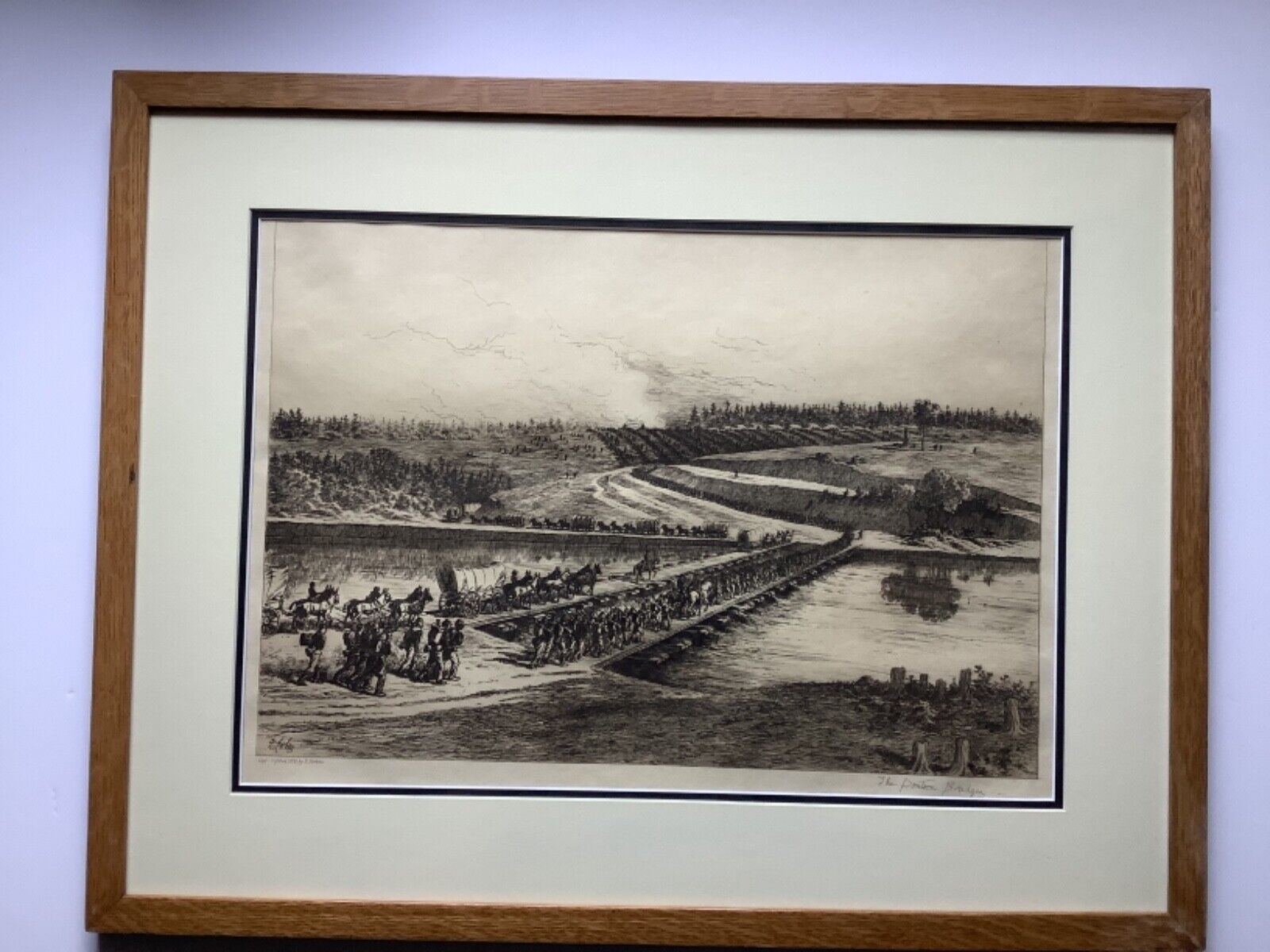 Edwin Forbes Etching “The Pontoon Bridge” 1876 Great Oak Frame