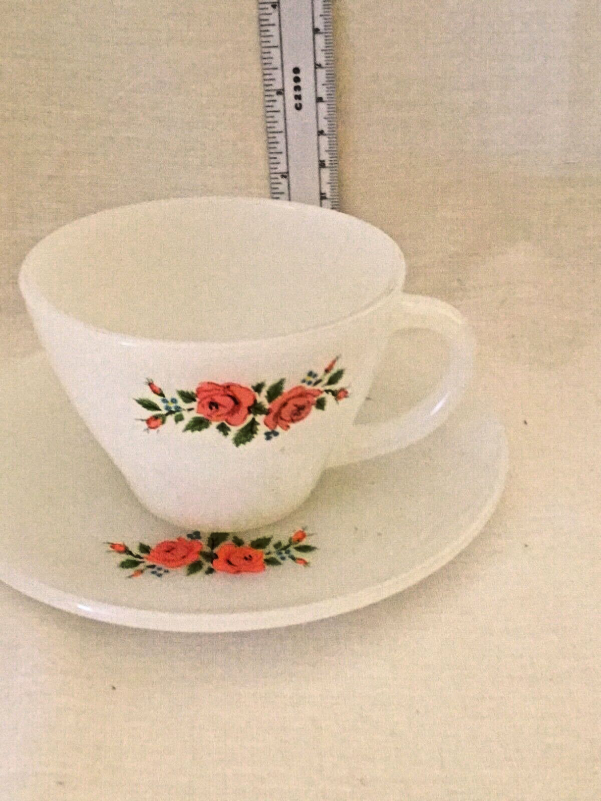 Fire King Cup and Saucer Milk Glass with Pink Rose Pattern Vintage