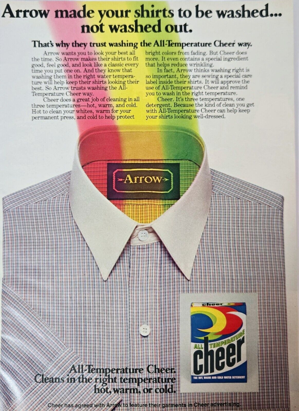 1980 TWO BRAND AD Arrow Men's Shirts & Cheer All Temperature Laundry Fashion Vtg