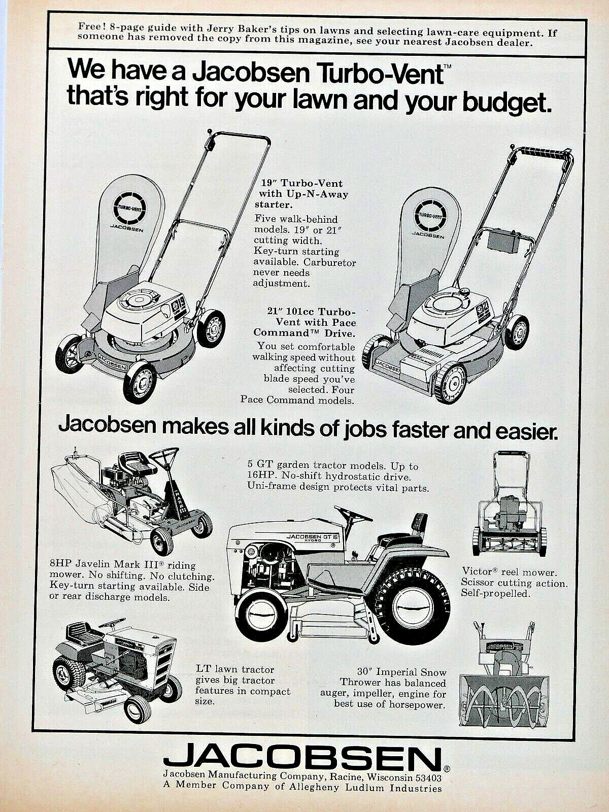 1974 Jacobsen Vintage Mower Original Print Ad 8.5 x 11\
