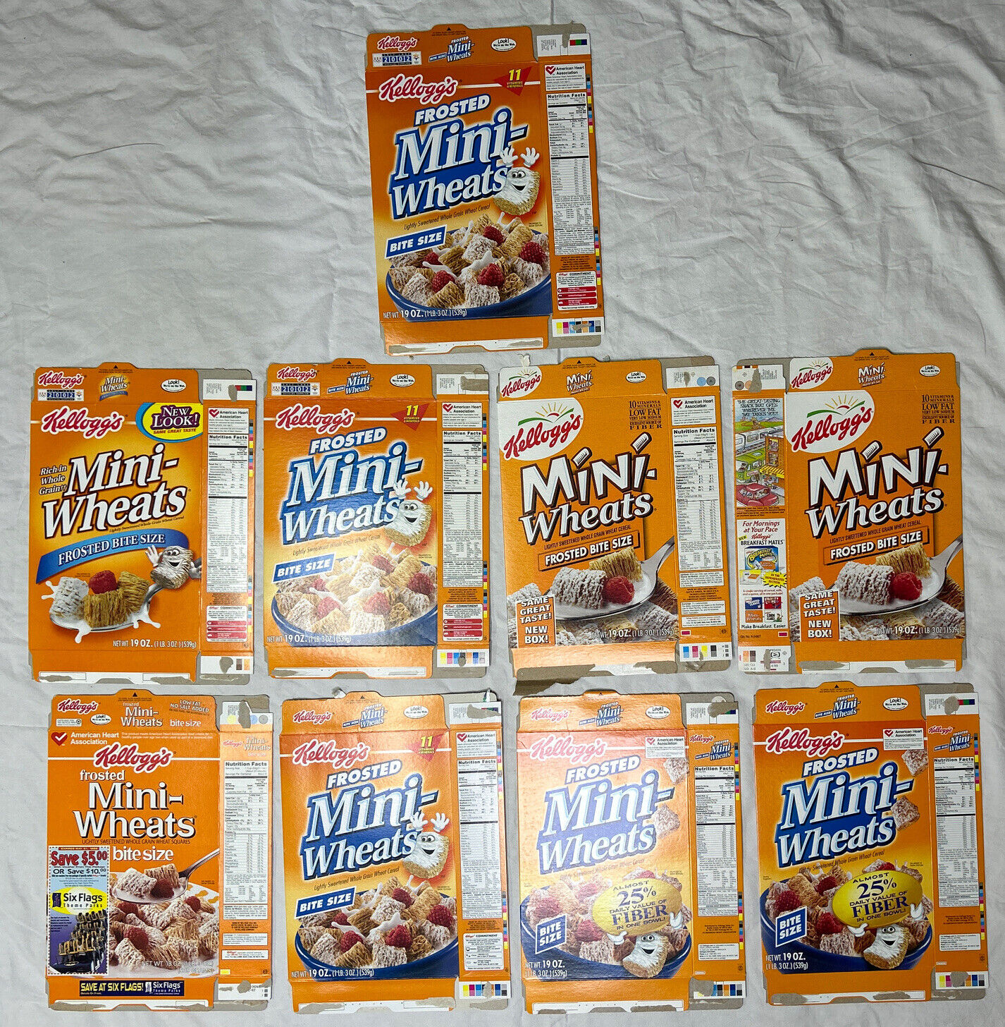1990\'s-2000\'s Empty Frosted Mini-Wheats 19OZ Cereal Boxes Lot of 9 SKU U199/224