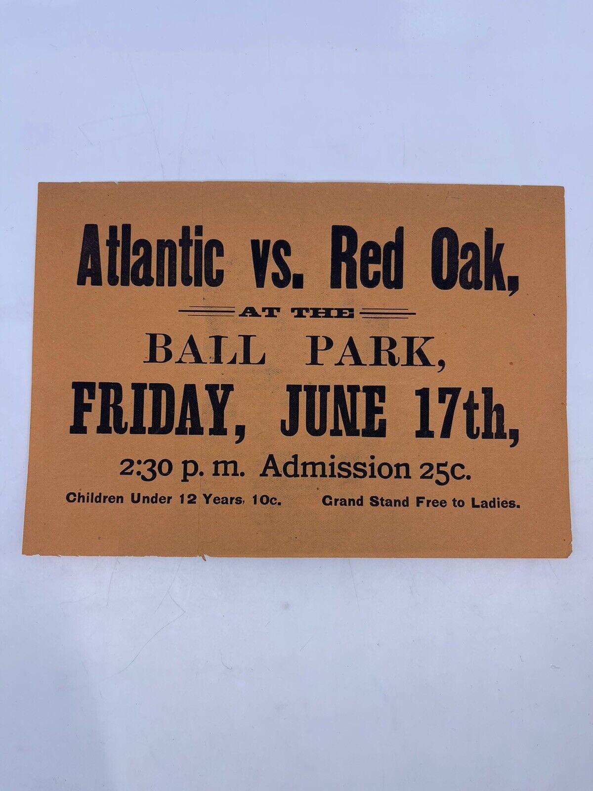 Antique 1887 Iowa Local Baseball Game Hand Bill Atlantic V. Red Oak June 17th