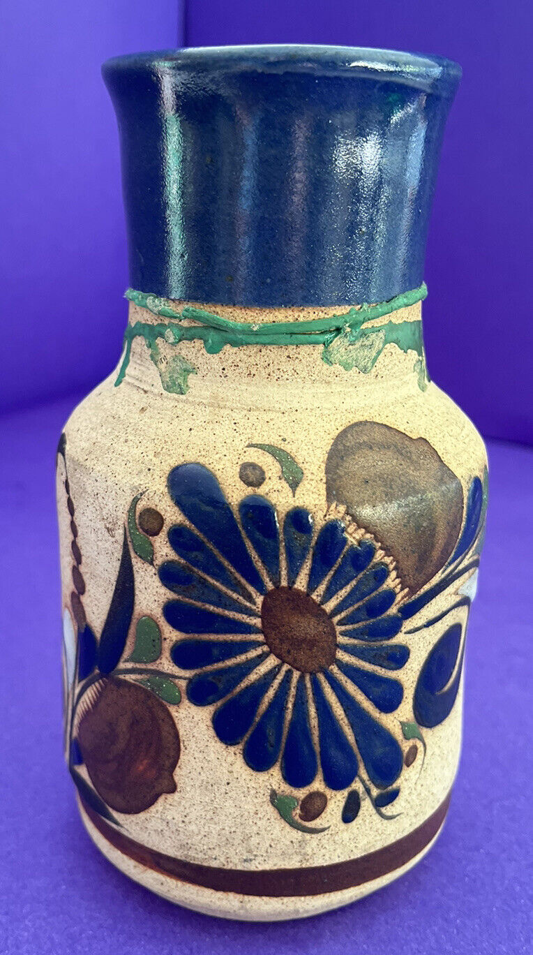 Vintage Mexico Tonala Vase Blue Flower Hand Painted Pottery Vase Signed SALE