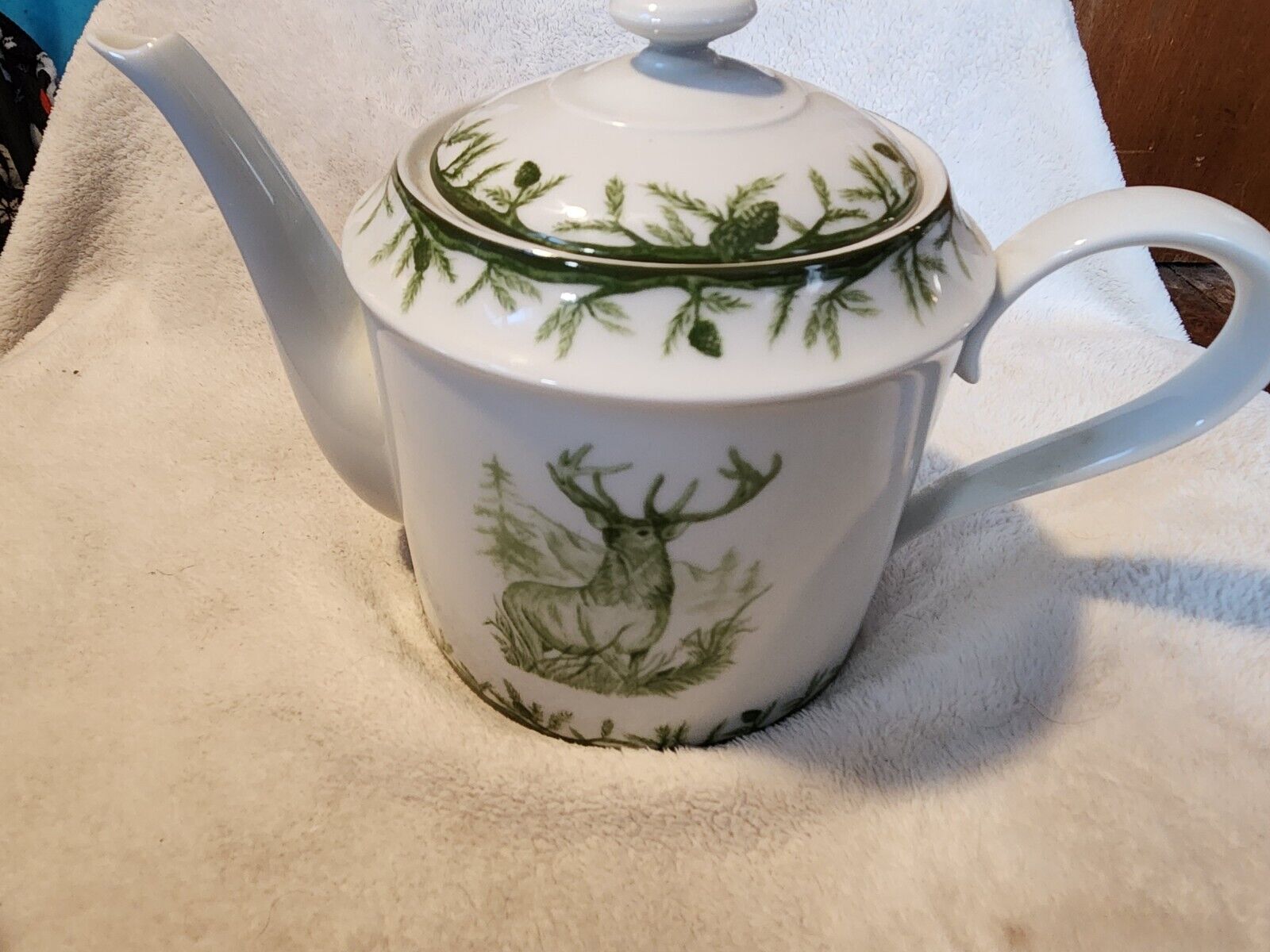 C E Corey Forest Porcelain Teapot White/Green Buck/Forest Design