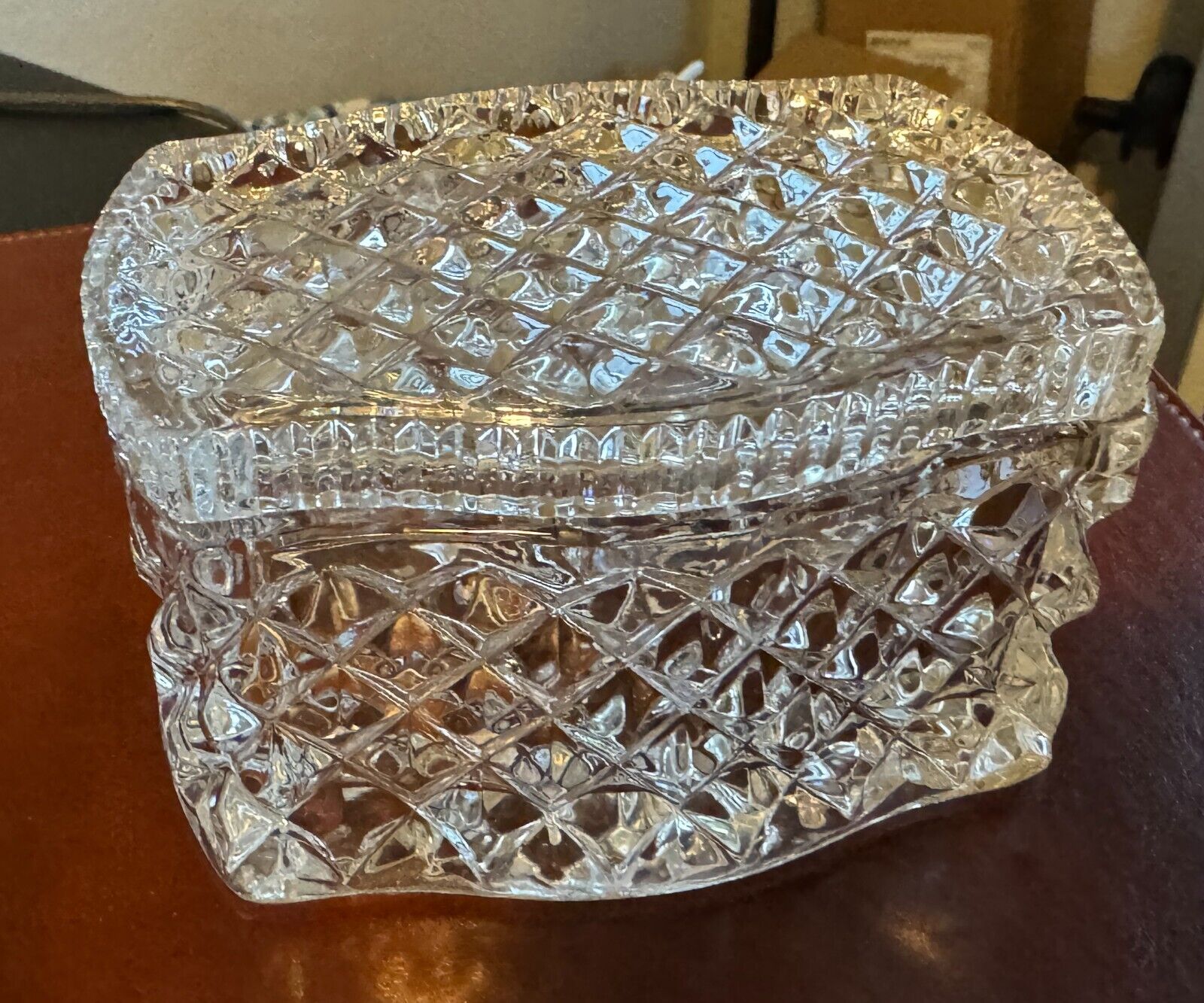 Vintage Diamond Cut Glass Trinket Box Rectangle Lidded 4 3/4\