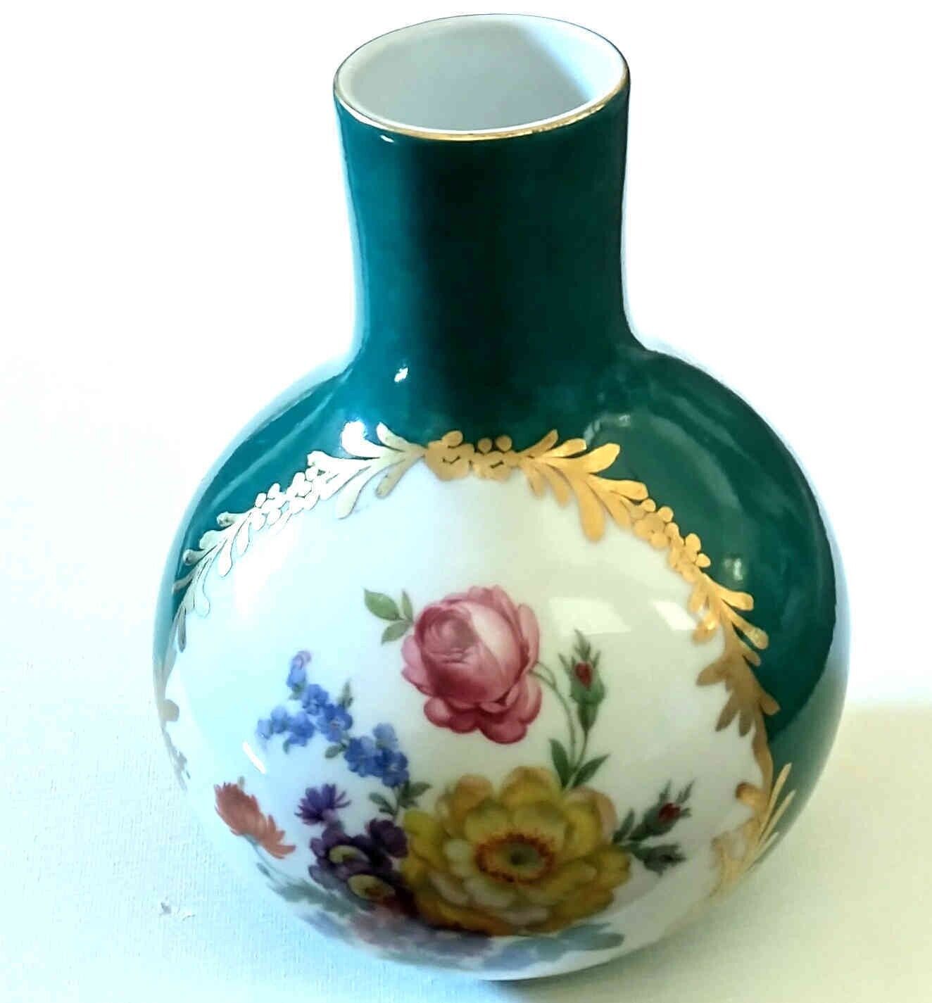 Rare Vintage Elios H F Peint Main Porcelain Hand Painted Floral Vase - Green