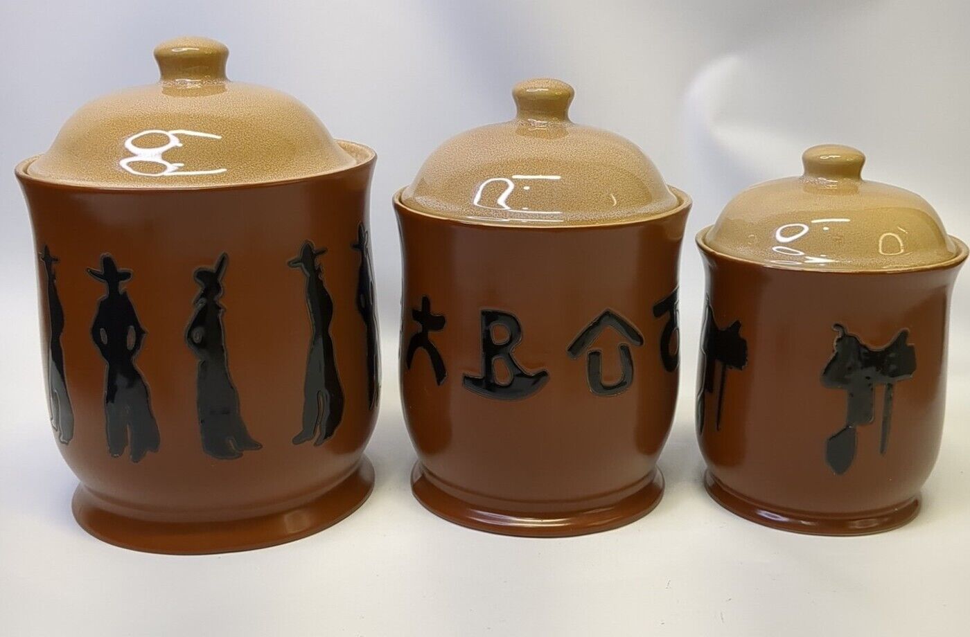 Vintage Buckaroo Pottery Canisters Set Of 3 Western Yellowstone Cabin Core