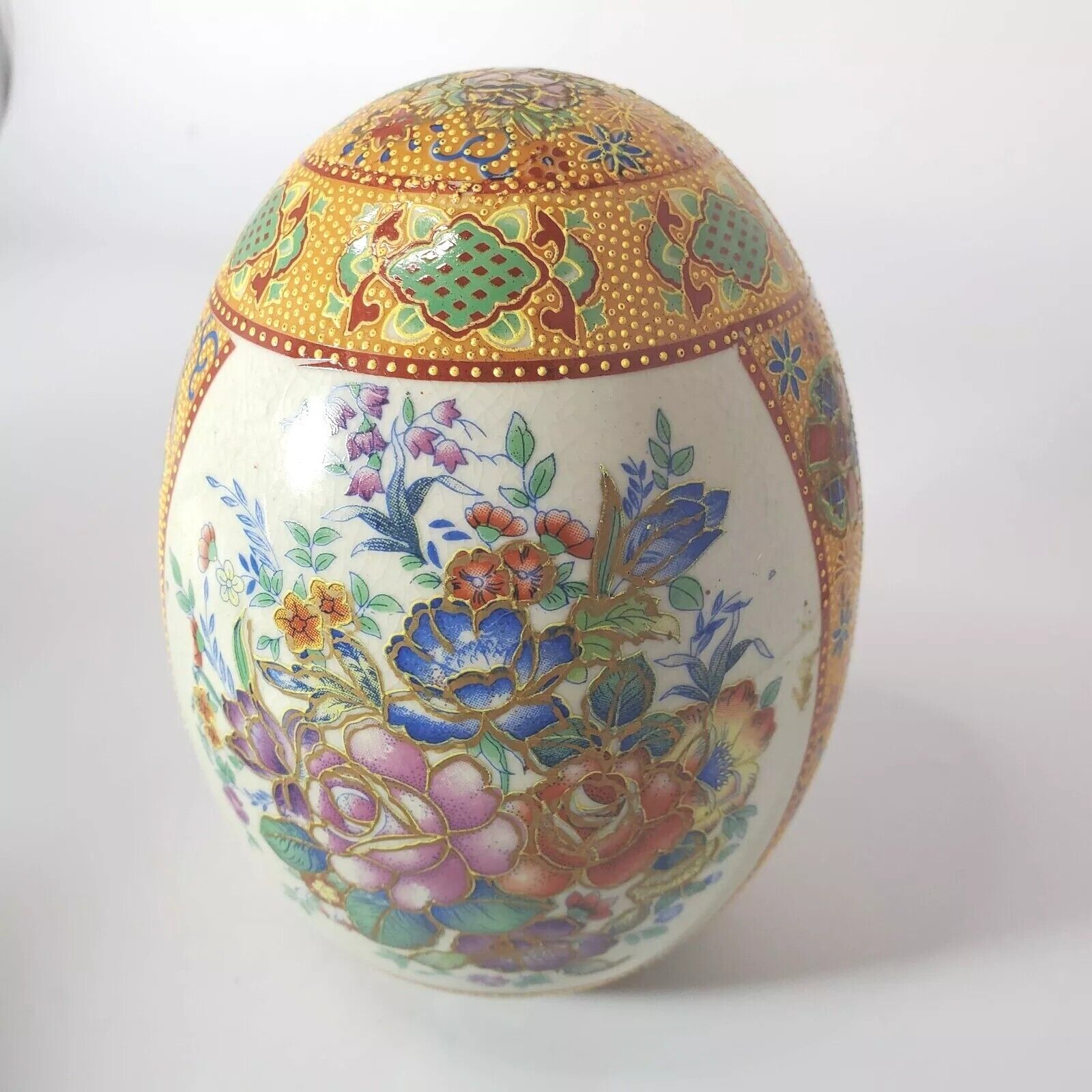 Vintage Japanese? Ceramic Large Egg with Raised Detail Floral with Gold