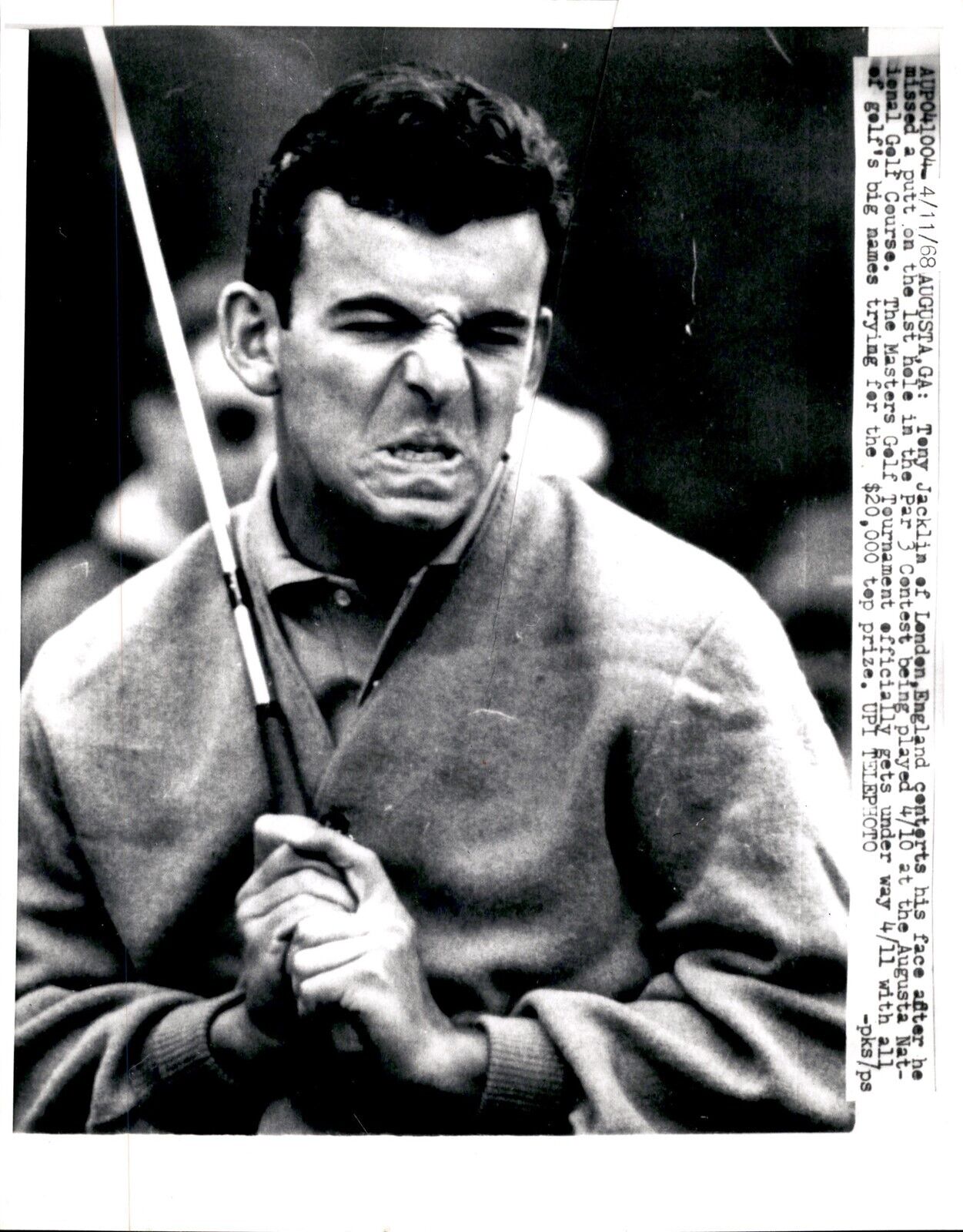 LD328 1968 UPI Wire Photo TONY JACKLIN REACTS TO MISSED PUTT MASTERS @ AUGUSTA