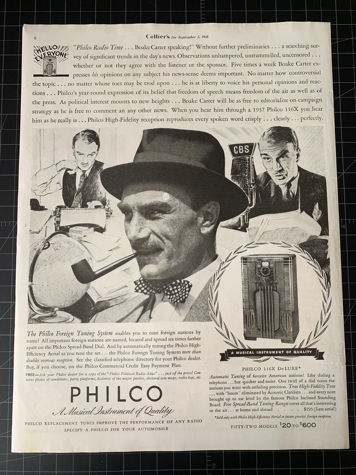 Vintage 1936 Philco Radio Print Ad - Boake Carter - CBS Radio