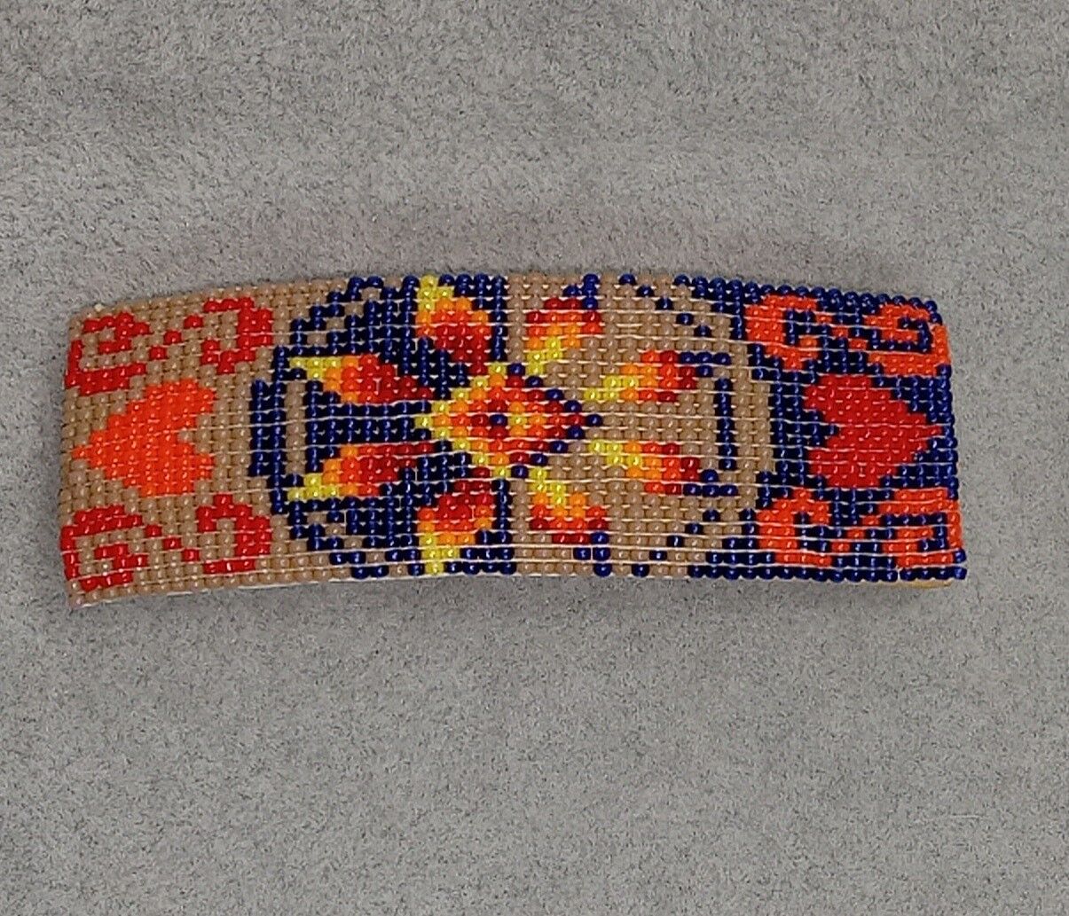 Native American Hand Beaded Barrett Sun Or Flower Hearts W/ Leather Back Signed