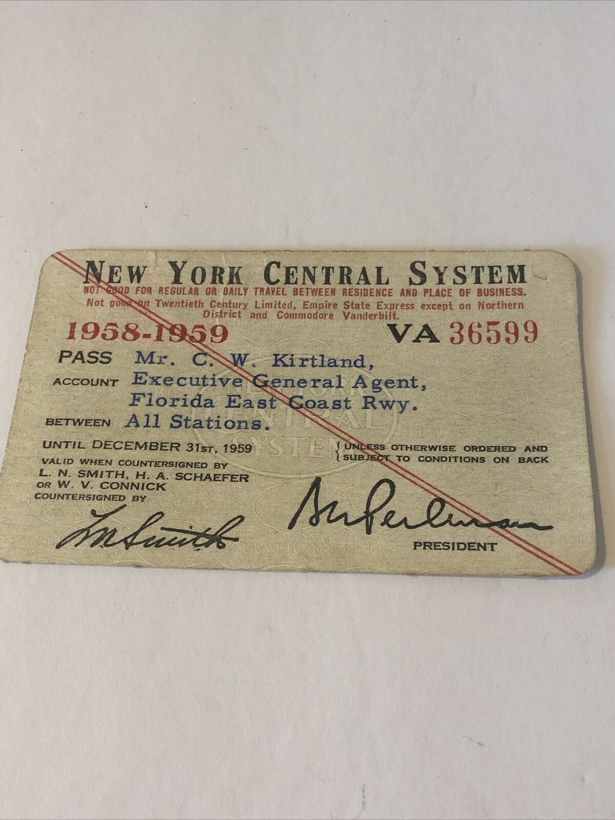 New York Central System Inspector Pass 1958-1959