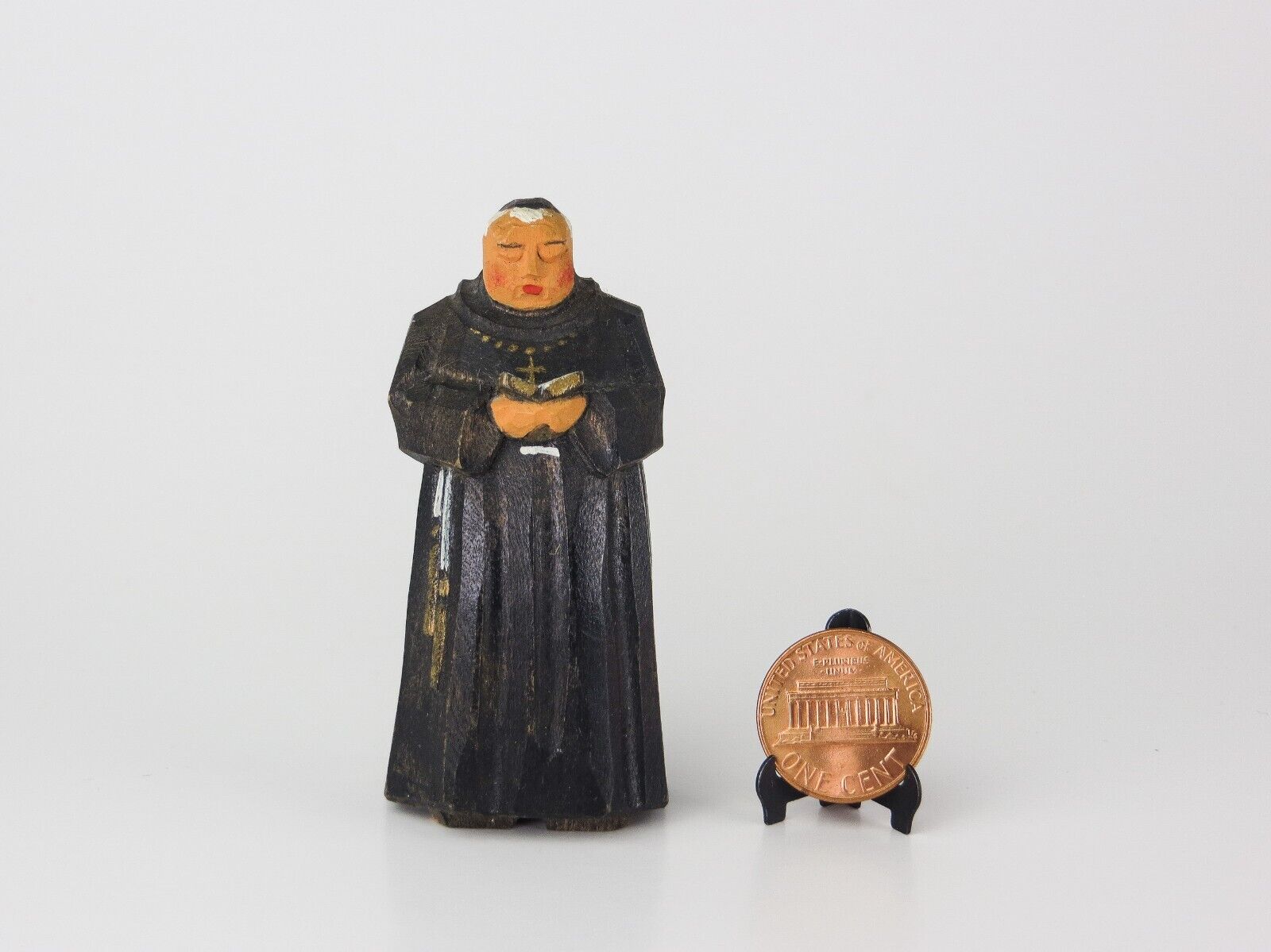 Vintage Huggler Miniature Carved Woodn Monk Figurine, Made in Switzerland