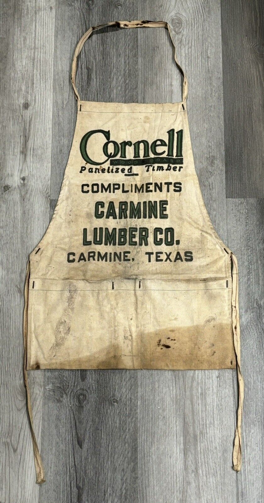 Vintage Cornell Timber Carmine Lumber Co. Carmine, TX. Advertising Nail Apron