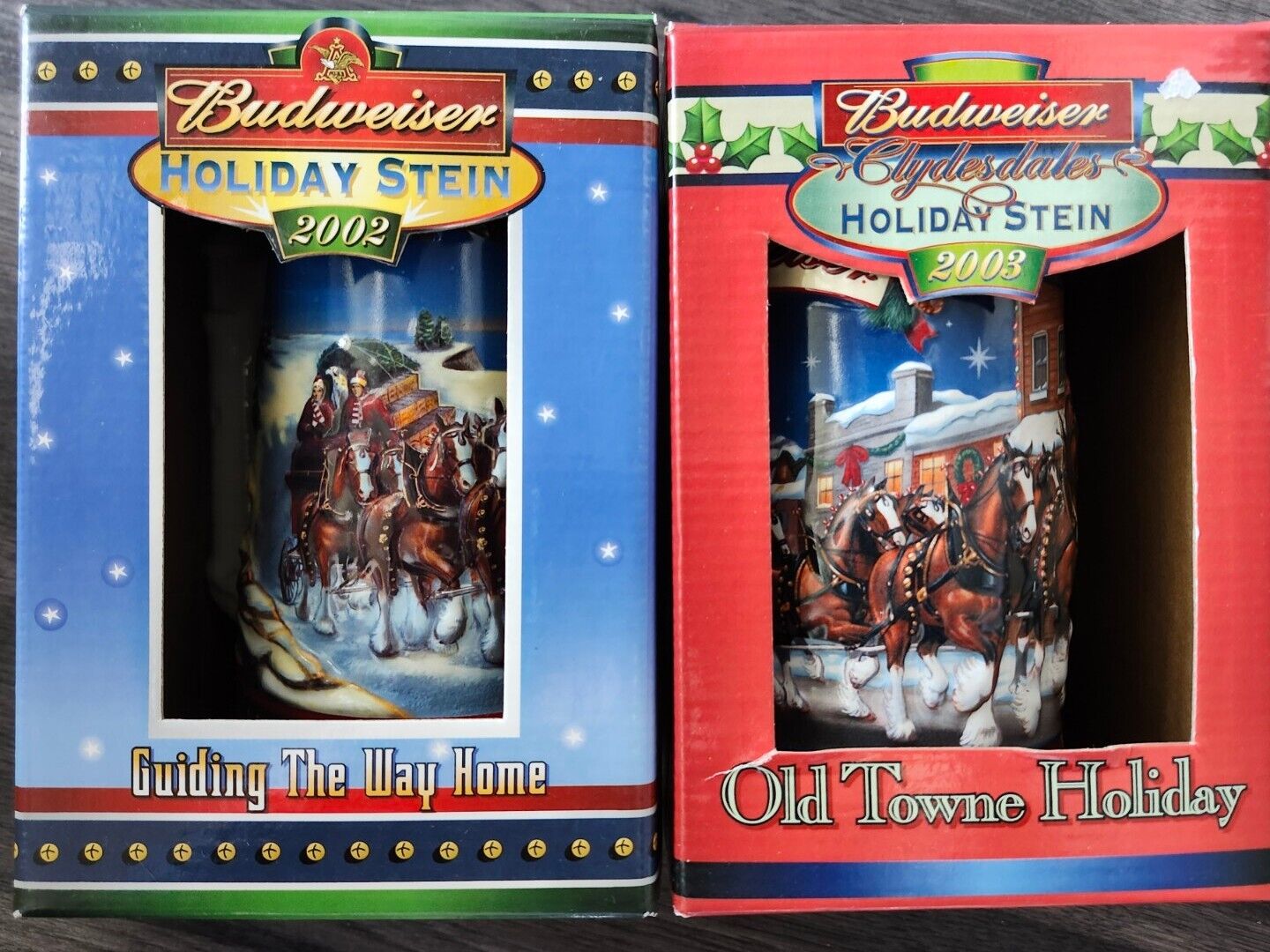 2002 & 2003 NIB Budweiser Holiday Beer Steins